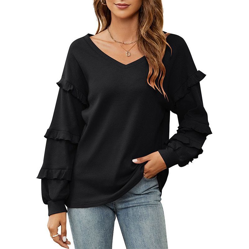 Women's Top Autumn And Winter New Women's Waffle V-neck Flounce Top