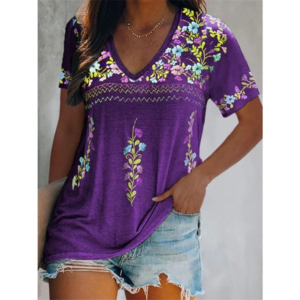 Women's Top Bohemian Printed V-neck Short-sleeved T-shirt