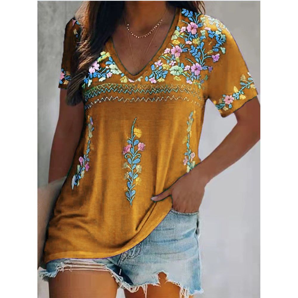 Women's Top Bohemian Printed V-neck Short-sleeved T-shirt