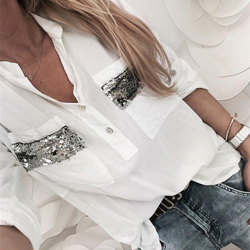 Solid Color And V-neck Sequined Pocket Shirt Loose Long Sleeve Shirt