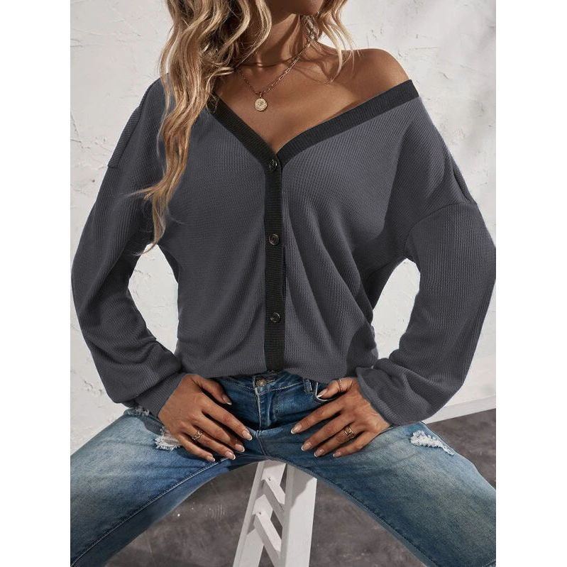 New Women's Top Waffle Long Sleeve Cardigan T-shirt