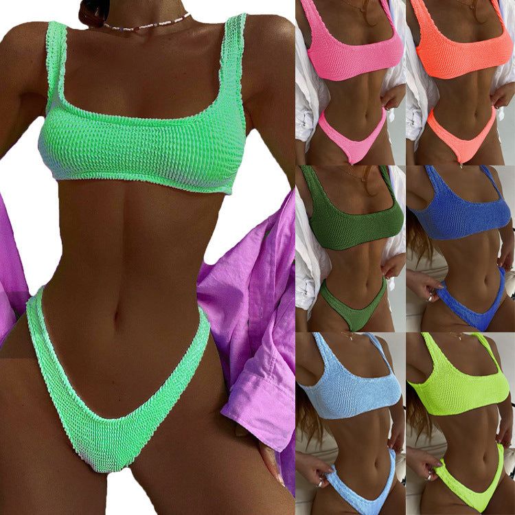 Special Fabric Crinkle Bikini Ladies Macaron Color Split Swimsuit