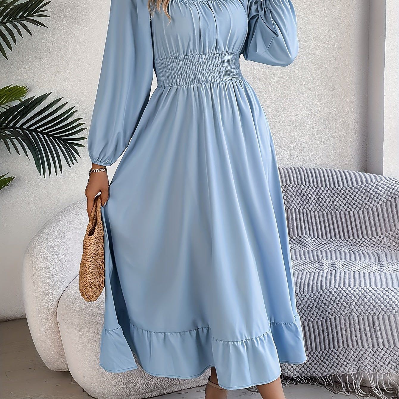 Ruffle Hem Square Neck Dress, Elegant Shirred Waist Long Sleeve Dress For Spring & Summer, Women's Clothing Wedding graduation engagement occasion ceremony party holiday vacation birthday