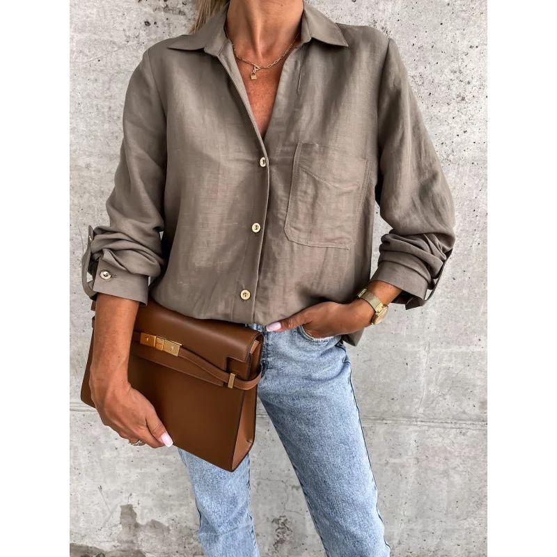 Women's Simple Solid Color Roll Sleeve V-Neck Button Lapel Shirt - Jointcorp