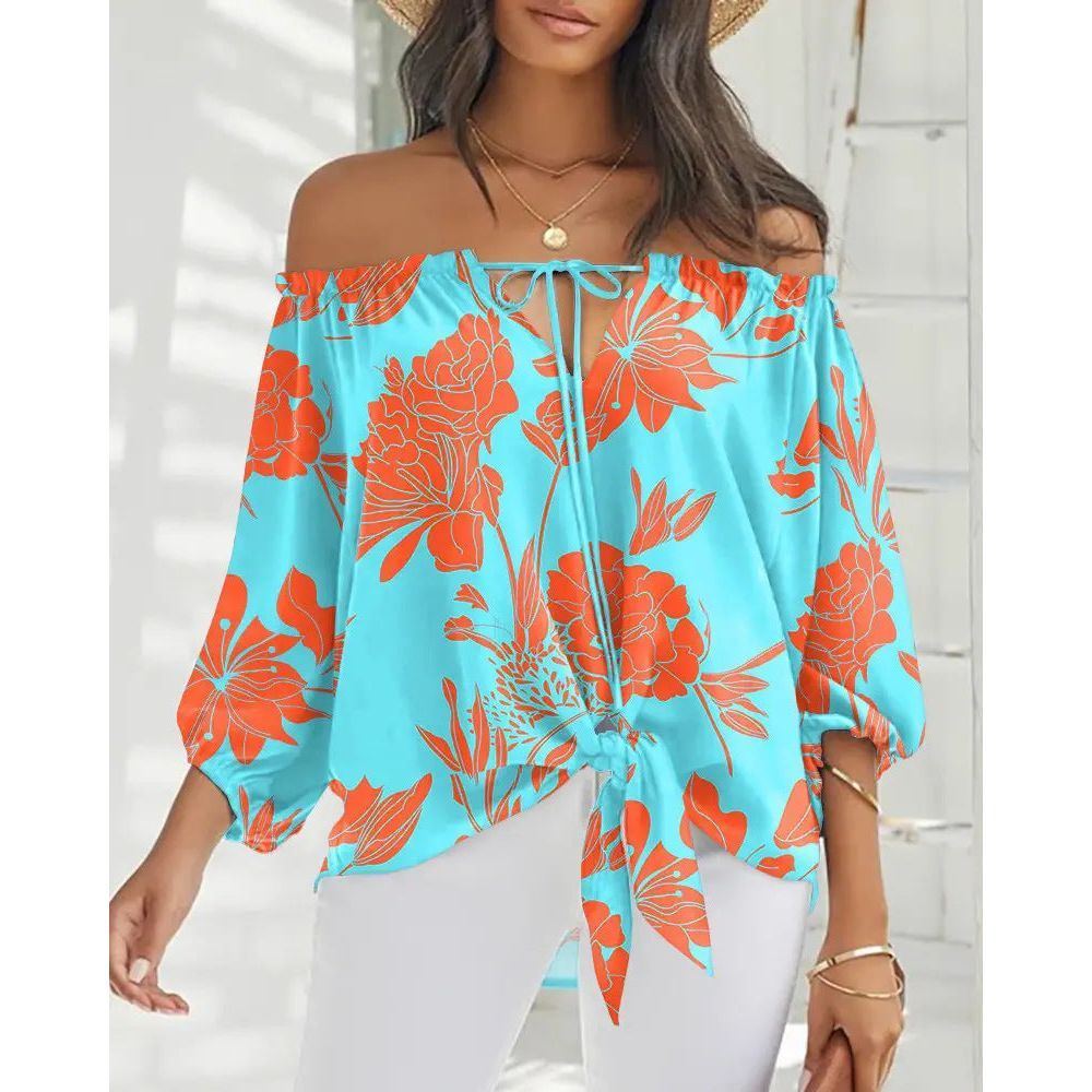 Sexy Off Shoulder Printed Chiffon Shirt Women Fashion Tied Detail Long Sleeve Pullover Tops Street Vintage Lady Blouse