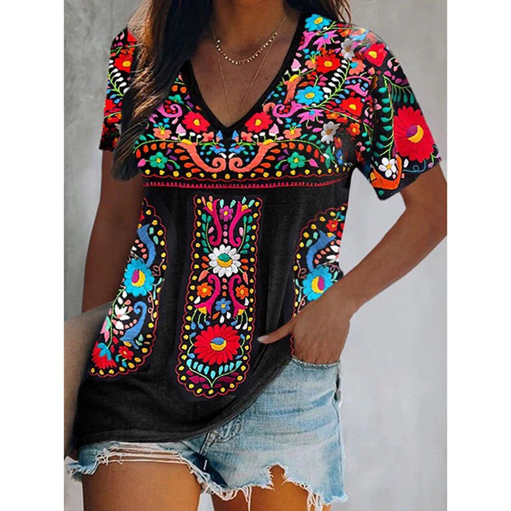 Women's Top Bohemian Printed V-neck Short-sleeved T-shirt