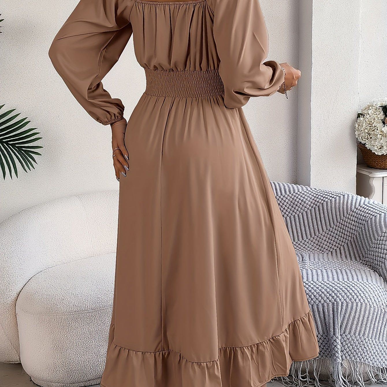 Ruffle Hem Square Neck Dress, Elegant Shirred Waist Long Sleeve Dress For Spring & Summer, Women's Clothing Wedding graduation engagement occasion ceremony party holiday vacation birthday