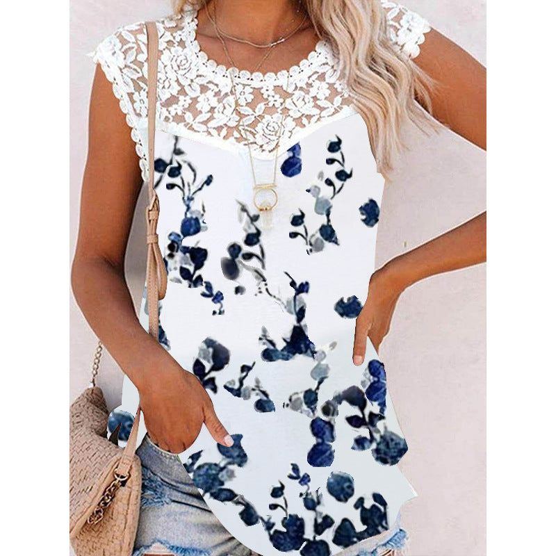 Summer Print Crew Neck Lace Trim Casual Loose Women's Tank Top