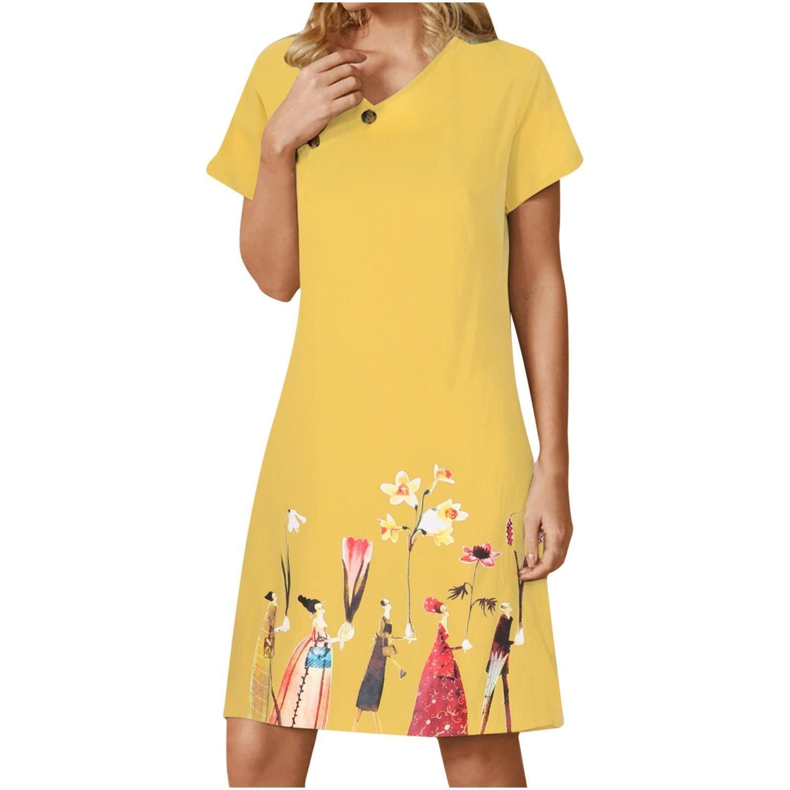 Digital Flower Print Button V-Neck Short Sleeve Dress - Jointcorp