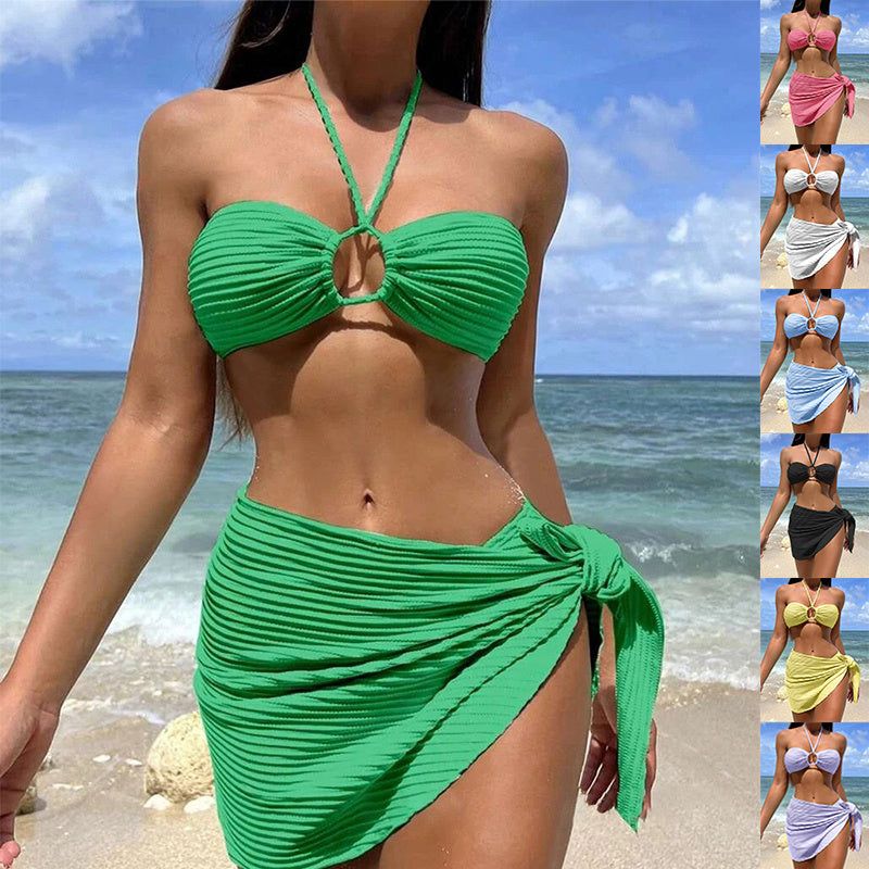 3pcs Solid Color Stripe Swimsuit Sexy Summer Beach Bikini Set Womens Clothing
