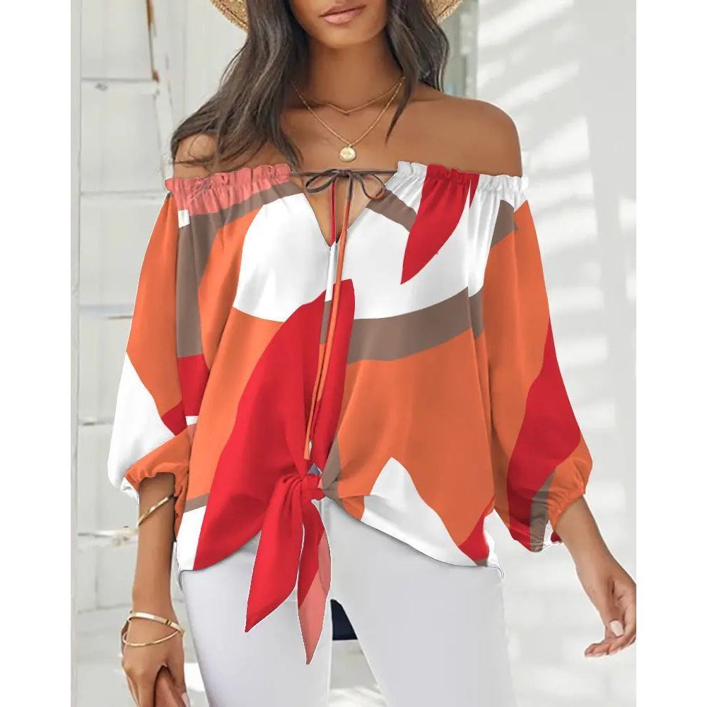 Sexy Off Shoulder Printed Chiffon Shirt Women Fashion Tied Detail Long Sleeve Pullover Tops Street Vintage Lady Blouse