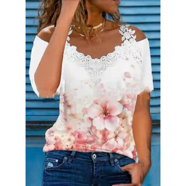 V Neck Lace Shoulder Drain Short Sleeve Casual