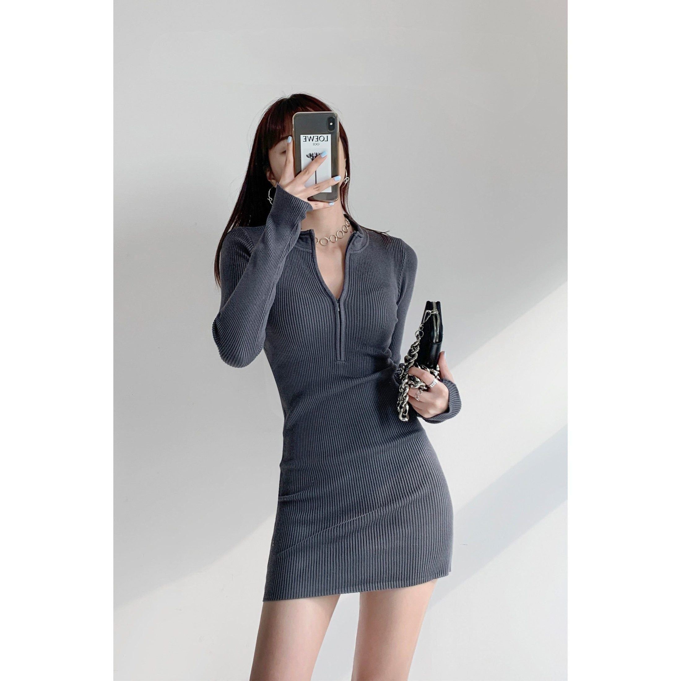 Spring And Autumn Long Sleeved Knitted Little Black Dress Tight Dress Trend - Jointcorp