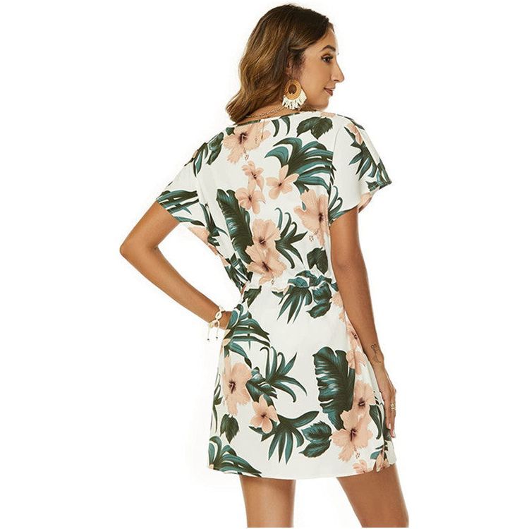 Dolman Sleeves Dress Summer Printed Drawstring V-Neck Beach Dresses For Women - Jointcorp