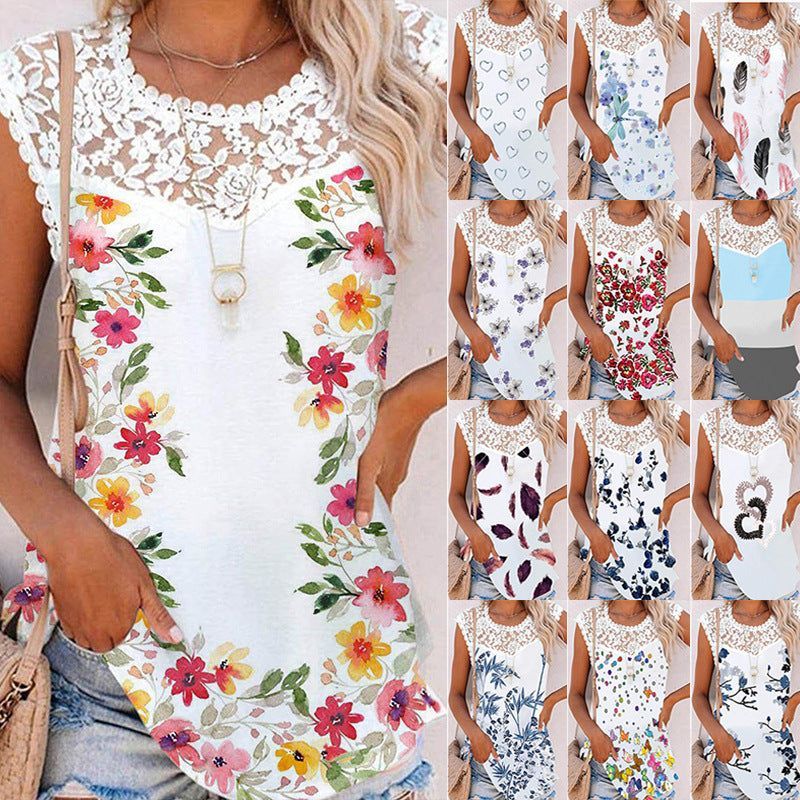 Summer Print Crew Neck Lace Trim Casual Loose Women's Tank Top