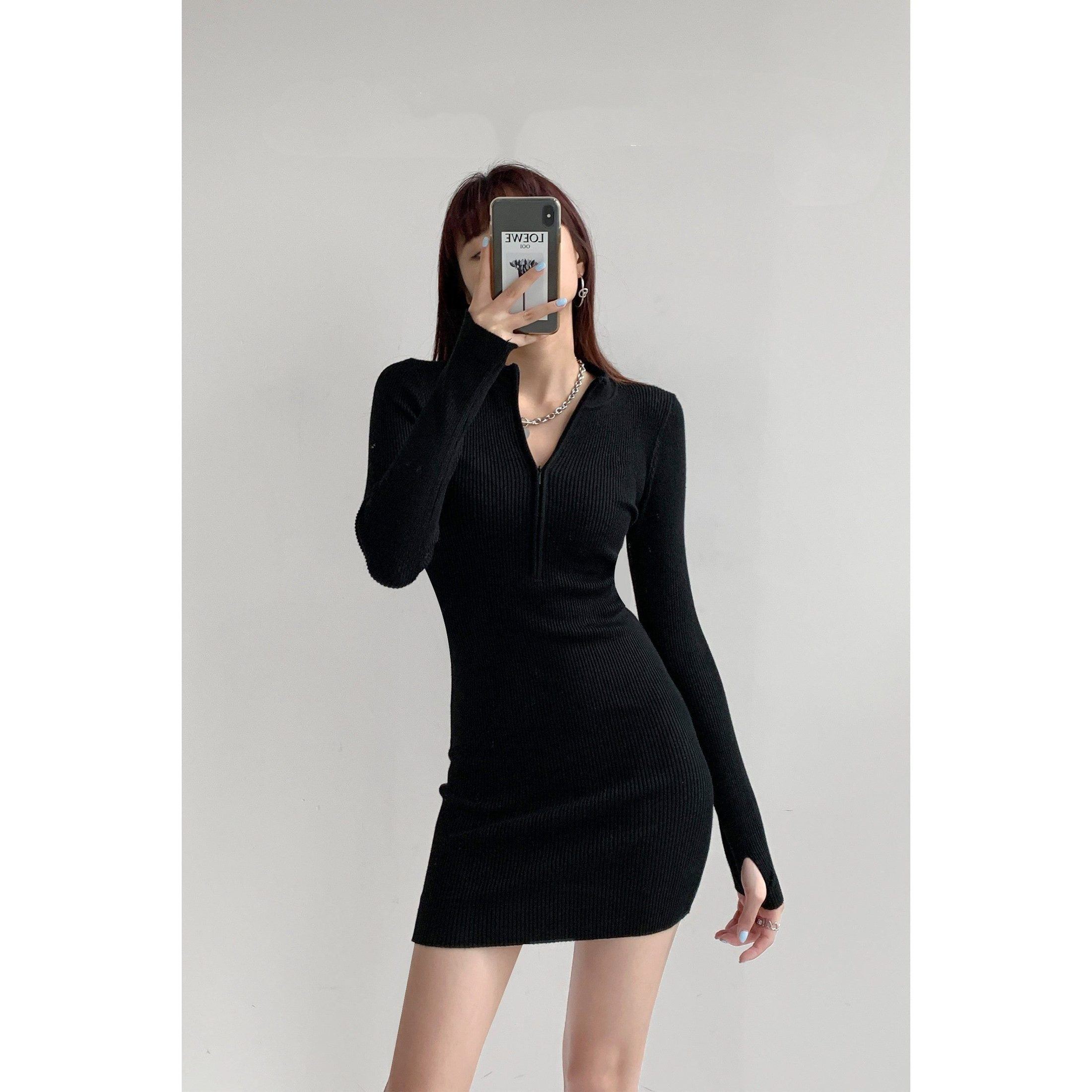 Spring And Autumn Long Sleeved Knitted Little Black Dress Tight Dress Trend - Jointcorp