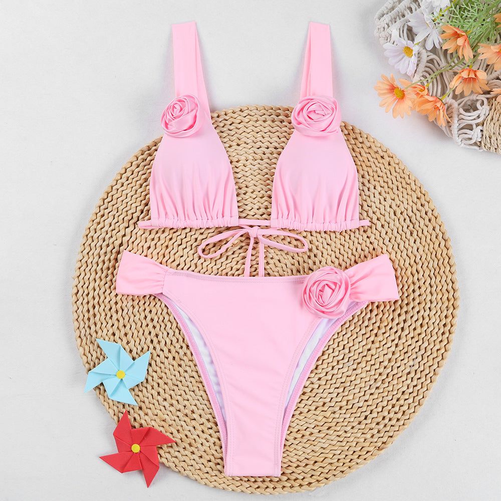 Summer Beach Bikini 3D Three-dimensional Flowers Bikini Set Sexy Solid Color Swimsuit Womens Clothing
