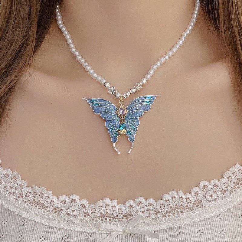 Imitation Pearl Colorful Blue Pendant Butterfly Clavicle Chain - Jointcorp