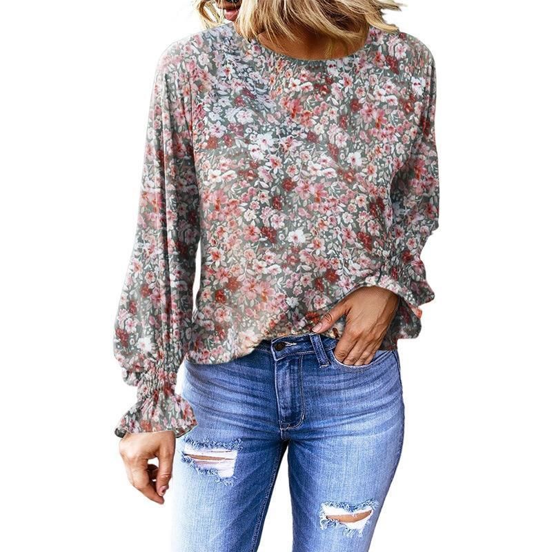 Women's Floral Round Neck Shirt Women's Lantern Sleeve Shirt - Jointcorp