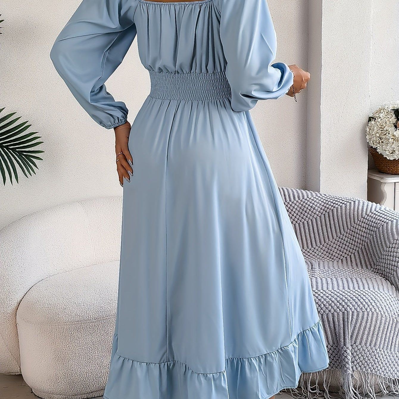 Ruffle Hem Square Neck Dress, Elegant Shirred Waist Long Sleeve Dress For Spring & Summer, Women's Clothing Wedding graduation engagement occasion ceremony party holiday vacation birthday