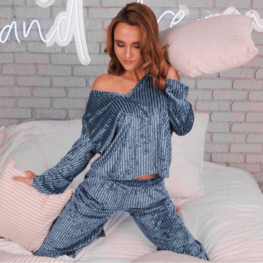 Striped Gold Diamond Velvet Long-Sleeved Pajamas Suit Women - Jointcorp