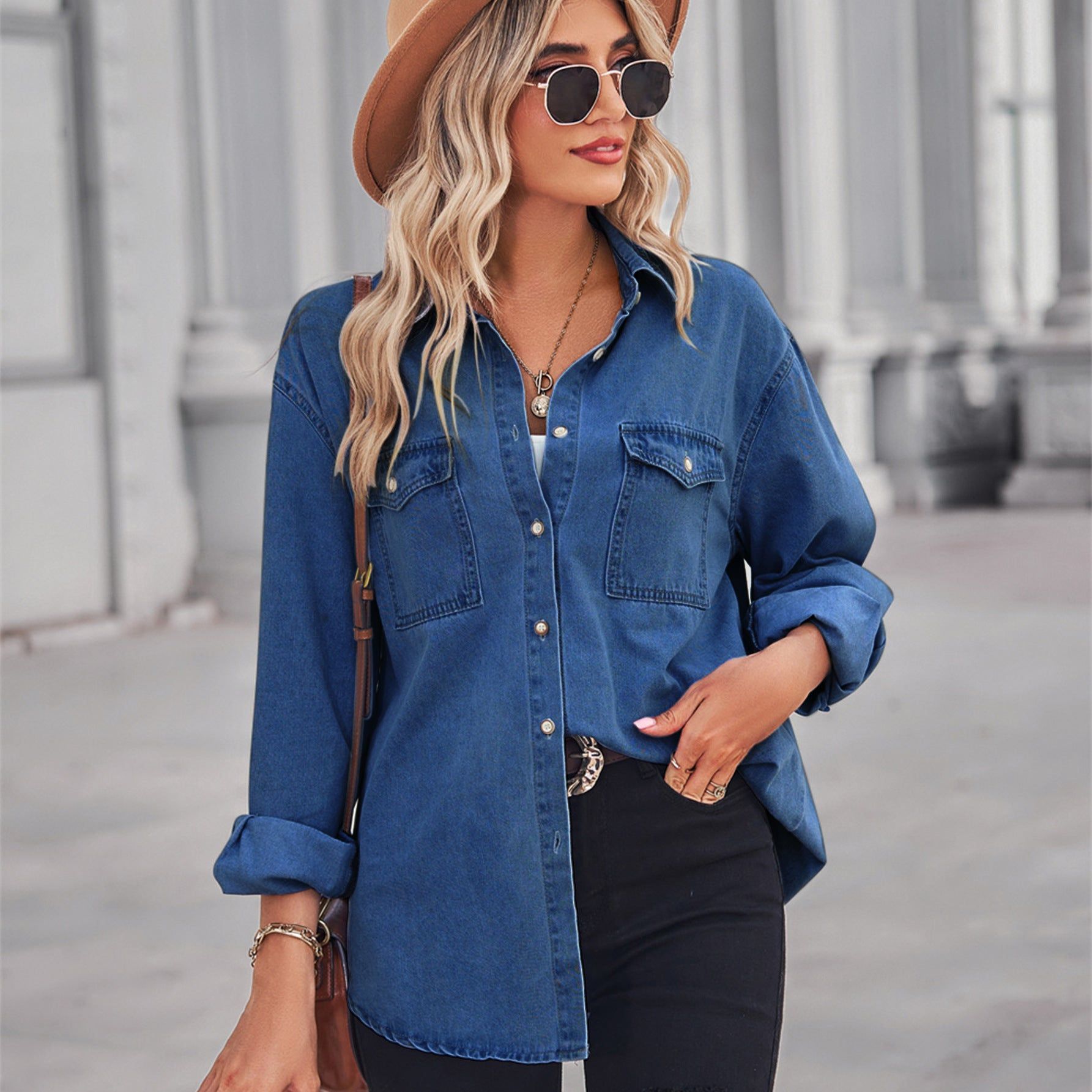 Women's Light Color Figure Flattering Thin Denim Long-sleeved Shirt - Jointcorp