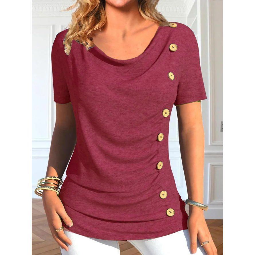 European And American Leisure Short Sleeve Button Solid Color T-shirt