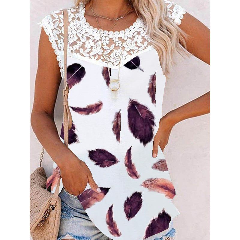 Summer Print Crew Neck Lace Trim Casual Loose Women's Tank Top