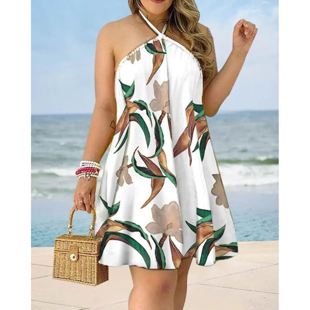 Printed Dress Summer Off-Shoulder Hanging Neck Sleeveless Sexy Dresses Women - Jointcorp