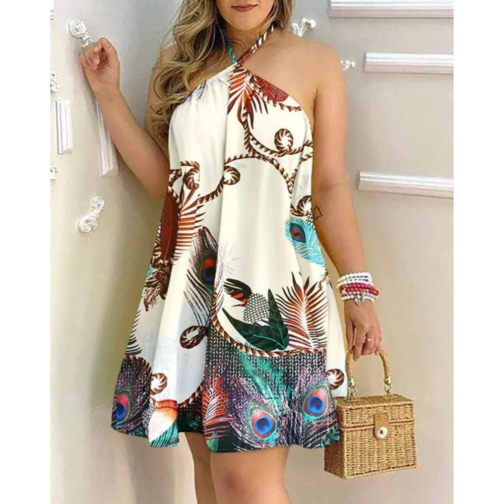 Printed Dress Summer Off-Shoulder Hanging Neck Sleeveless Sexy Dresses Women - Jointcorp