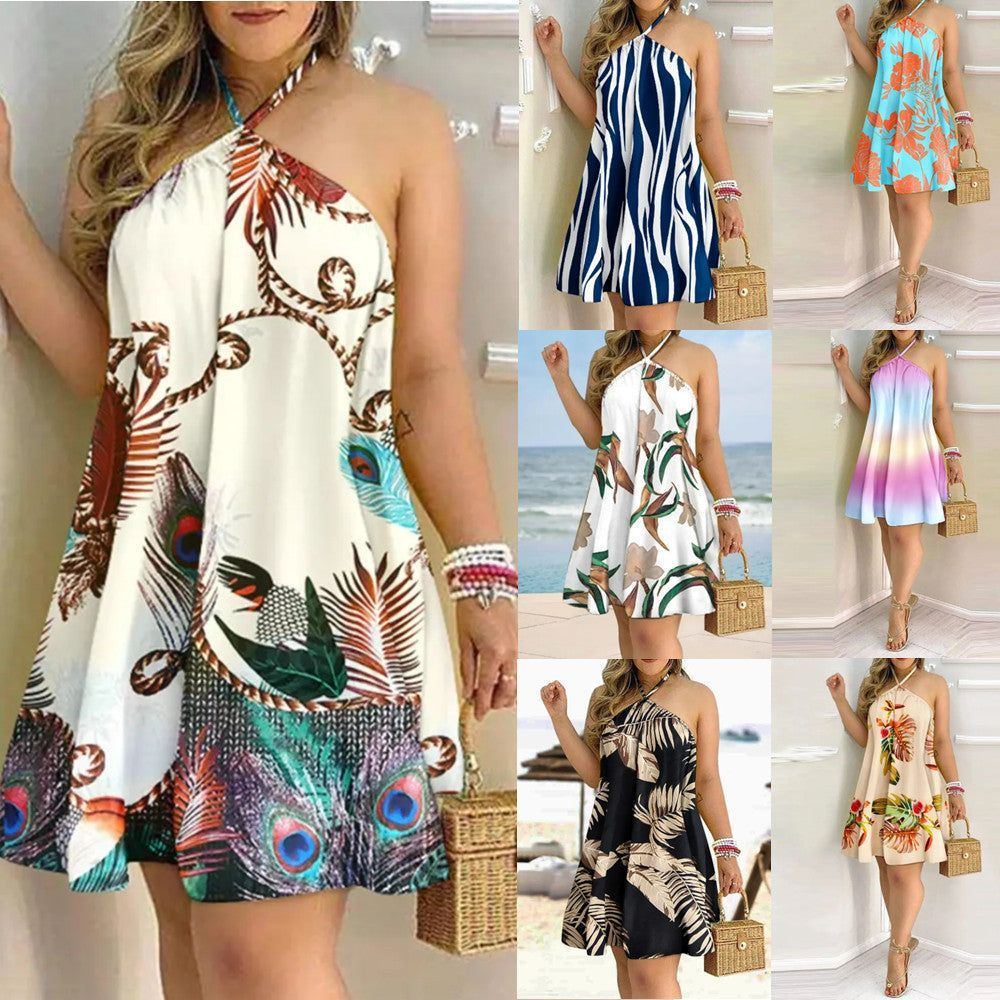 Printed Dress Summer Off-Shoulder Hanging Neck Sleeveless Sexy Dresses Women - Jointcorp