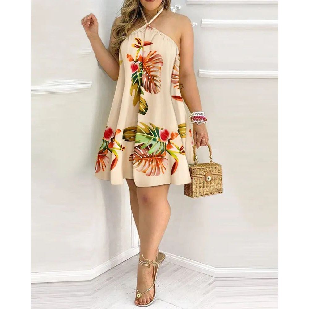 Printed Dress Summer Off-Shoulder Hanging Neck Sleeveless Sexy Dresses Women - Jointcorp