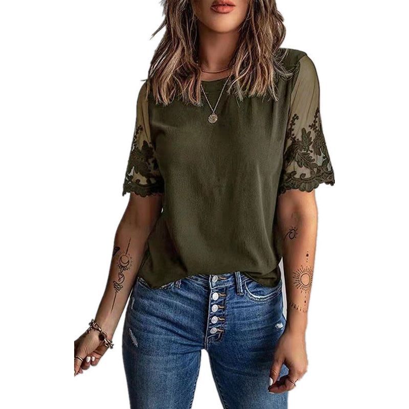 Women's Round Neck Short Sleeve Top Lace Chiffon Shirt