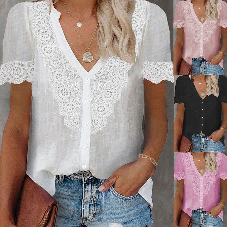 Summer New Women's Lace Stitching Tencel Short Sleeve Shirt