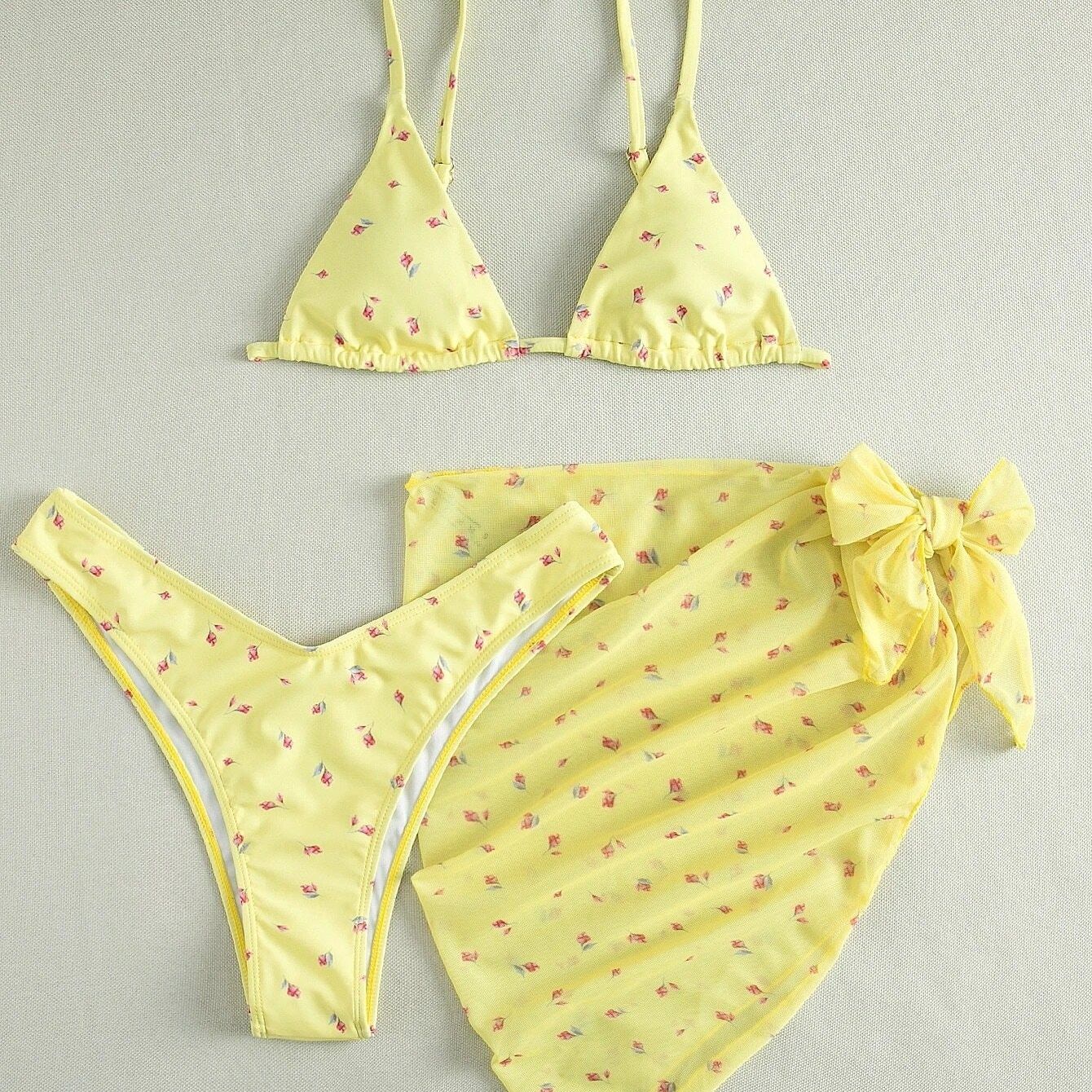 Women's Beach Style Printed Swimsuit Three Piece Set
