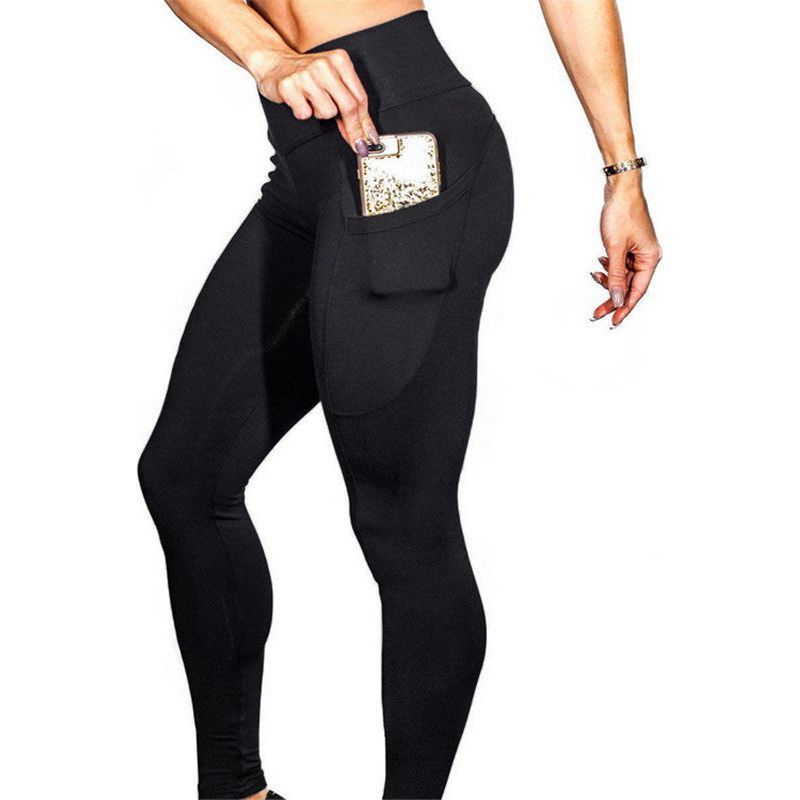 Mobile phone pocket leggings female solid color high elastic yoga hip high waist yoga pants - Jointcorp