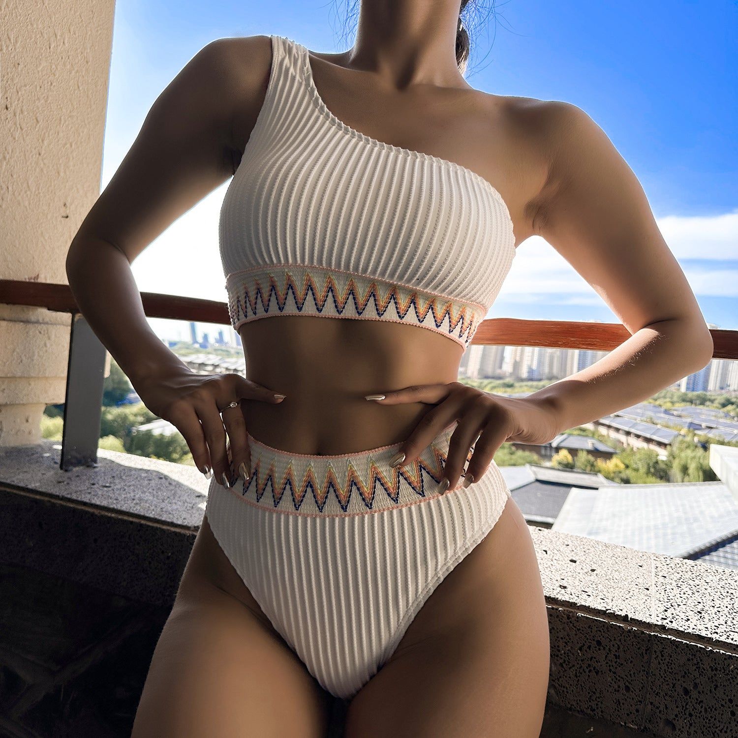 Sexy One-shoulder Bikini With Striped Pleated And Ripple Print Design Solid Color Summer Beach Swimsuit Womens Clothing