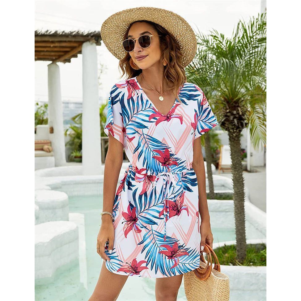 Dolman Sleeves Dress Summer Printed Drawstring V-Neck Beach Dresses For Women - Jointcorp