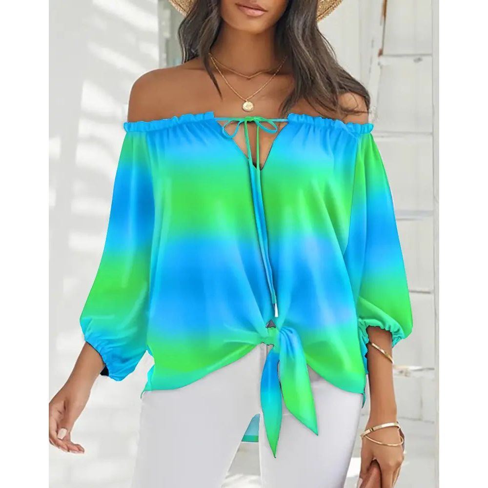 Sexy Off Shoulder Printed Chiffon Shirt Women Fashion Tied Detail Long Sleeve Pullover Tops Street Vintage Lady Blouse