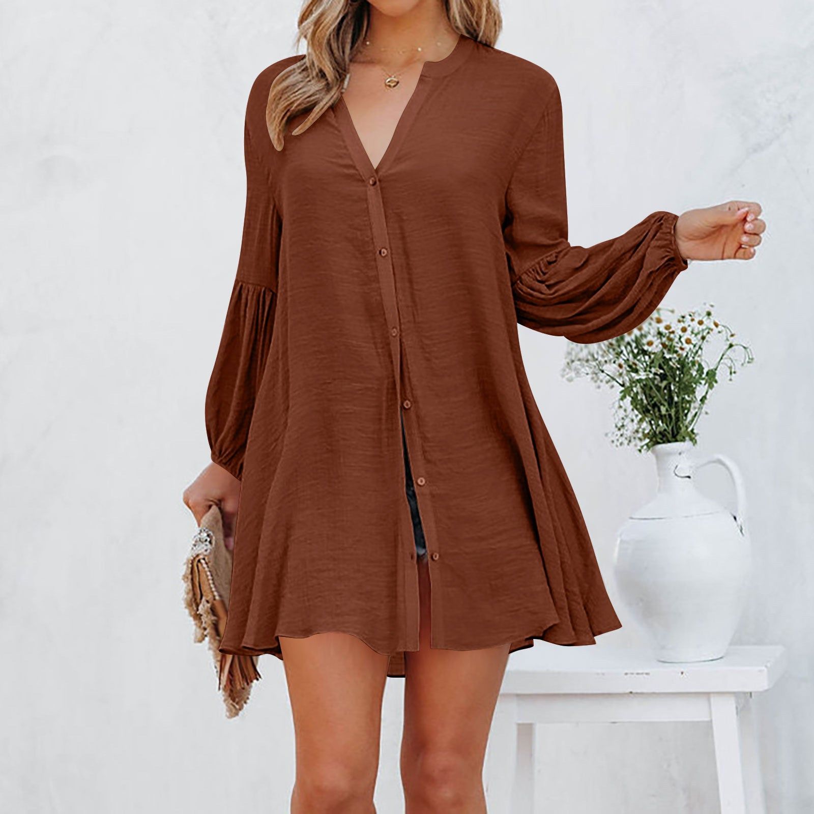 Women's Solid Color Stitching Casual Loose Cardigan Button T-shirt - Jointcorp