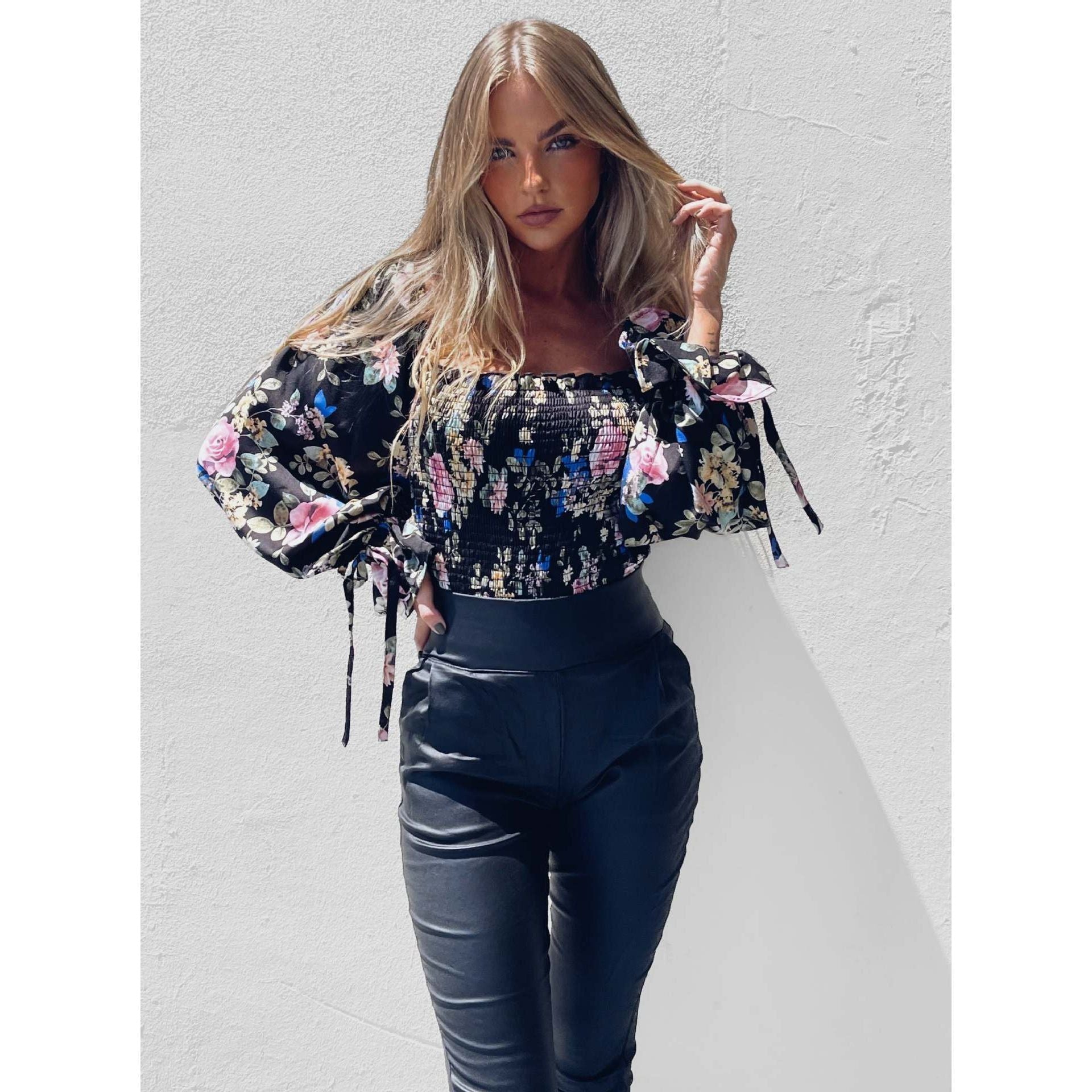 Women's Floral Flared Sleeve Tie Pleated Cropped Crop Top - Jointcorp