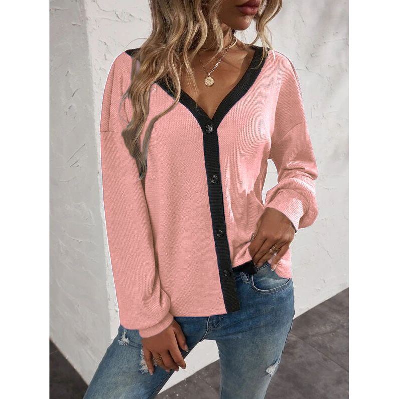 New Women's Top Waffle Long Sleeve Cardigan T-shirt