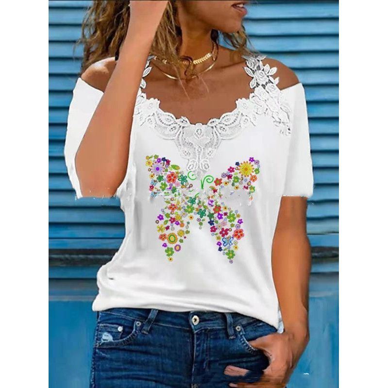 V Neck Lace Shoulder Drain Short Sleeve Casual