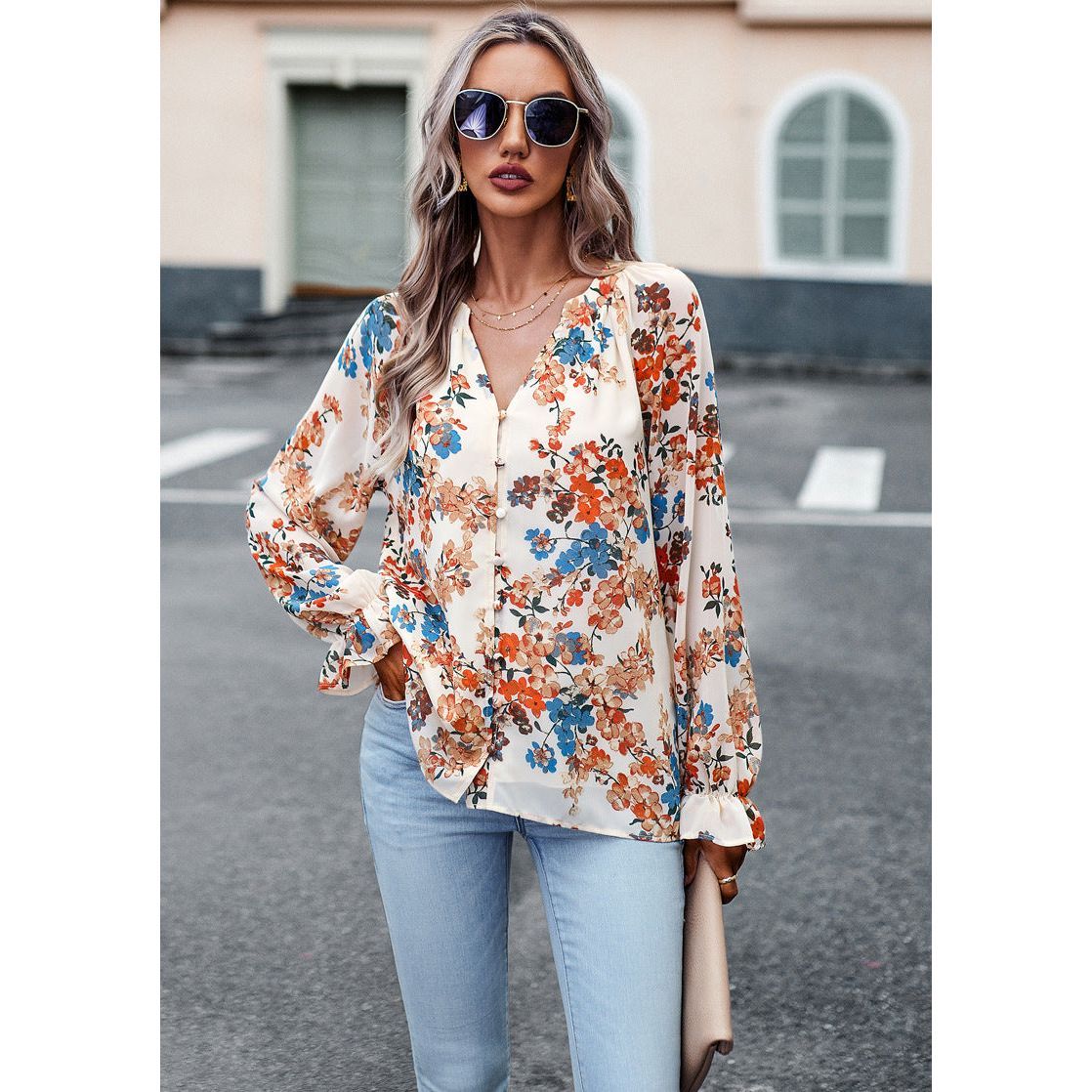 Women's Tops Casual Floral Print V Neck Long Sleeve Shirts Loose Chiffon Blouses Shirts Tops - Jointcorp