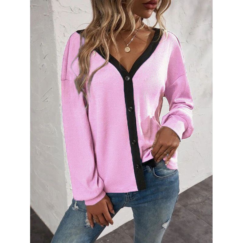 New Women's Top Waffle Long Sleeve Cardigan T-shirt