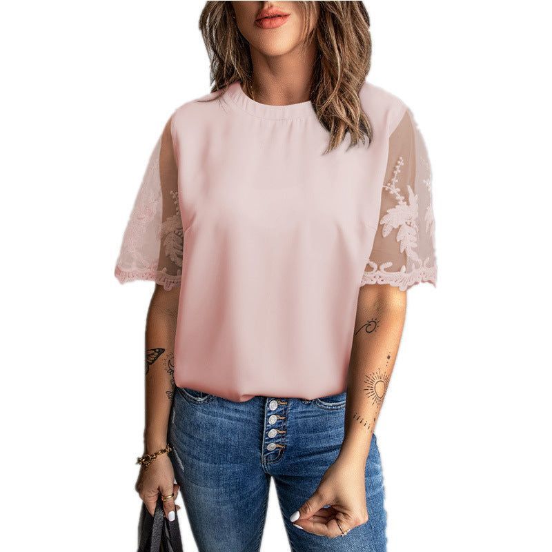 Women's Round Neck Short Sleeve Top Lace Chiffon Shirt