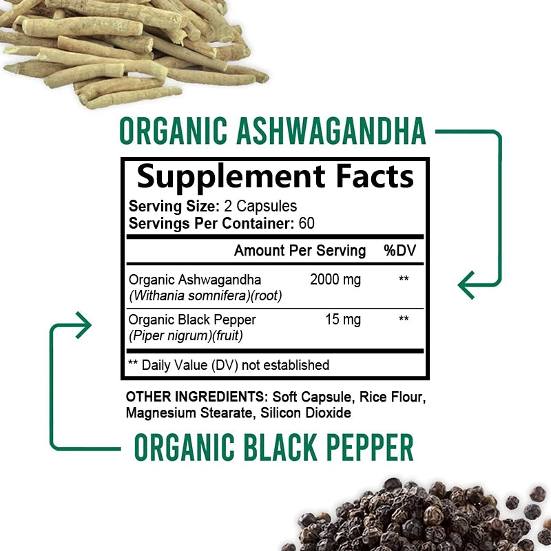 Daitea Organic Ashwagandha Extract Capsules 2000mg for Mood, Sleep, Energy Support - Antioxidant Supplement