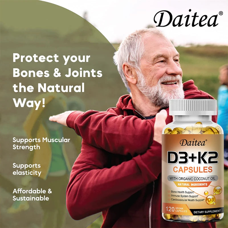 Vitamin D3+K2 - D3 (5000IU) K-2 (200MCG) Bone, Immune, Cardiovascular - Non-GMO, Vegan, Natural, Gluten-Free, Health Supplement