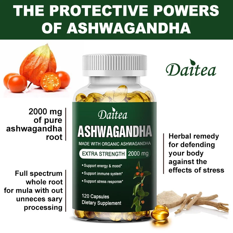 Daitea Organic Ashwagandha Extract Capsules 2000mg for Mood, Sleep, Energy Support - Antioxidant Supplement