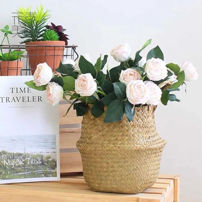 Handmade Woven Storage Basket Folding Clthoes Laundry Basket Straw Wicker Rattan Seagrass Belly Garden Flower Pot Plant Basket